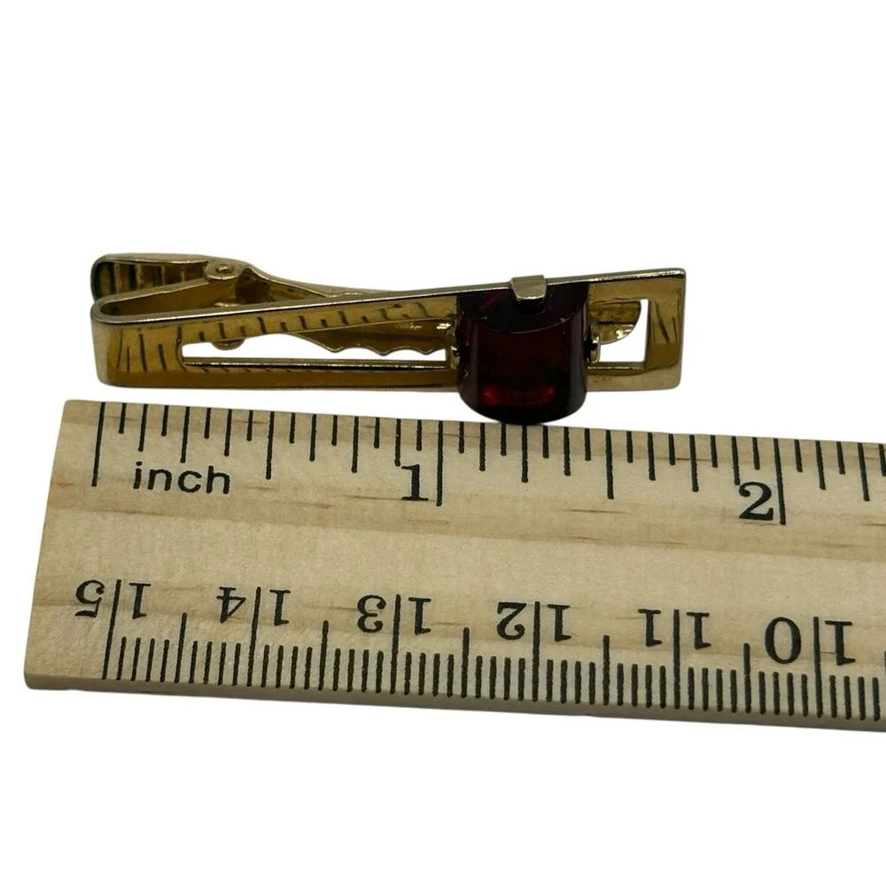 ANSON Cherry Red Lucite Cufflinks Tie Clip Bar Set Gold‎ Tone Open Frame Vintage